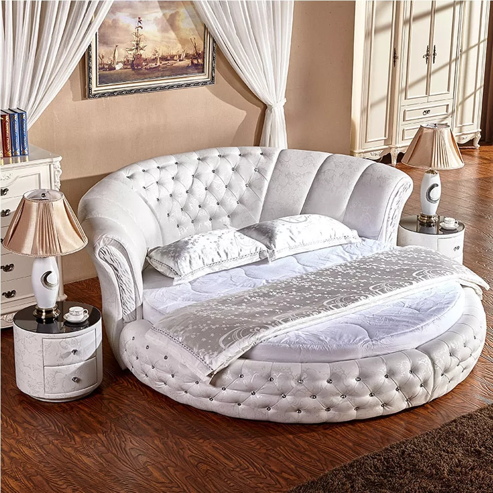 White Round Leather Bed Frame