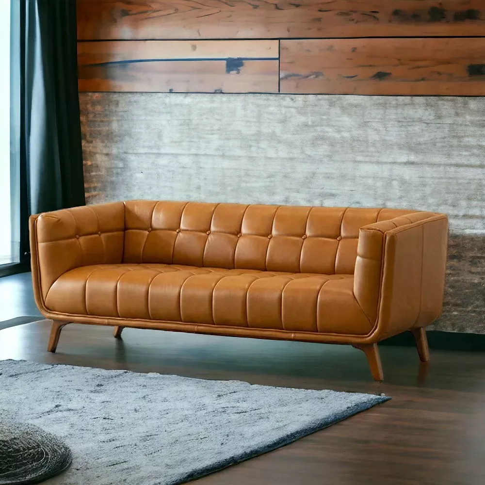 Wooden Button Tufted Leather Sofa