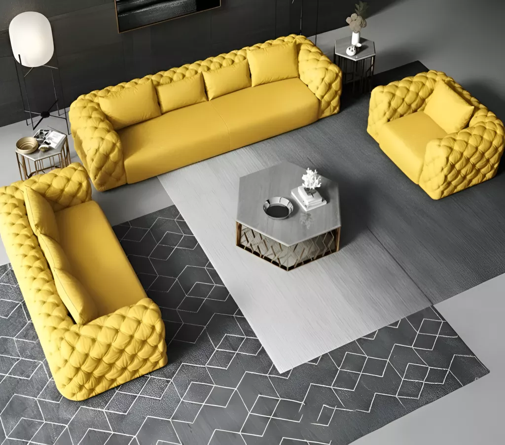 Yellow Leather Sofas With Tufted Design